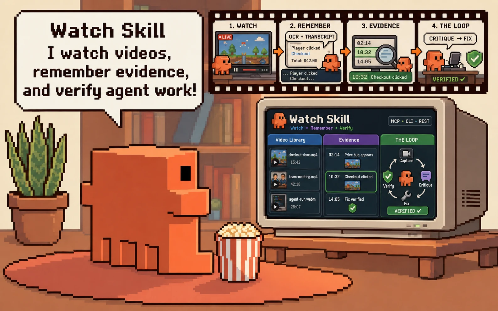 Watch Skill: a pixel-art scene of the Watch Skill mascot watching a screen. A filmstrip above shows the four stages — watch a source, remember it as OCR and transcript, resolve timestamped evidence, then run THE LOOP to critique and fix. The screen shows a video library, an evidence list with timestamps, and a capture-critique-fix-verify cycle ending in VERIFIED.