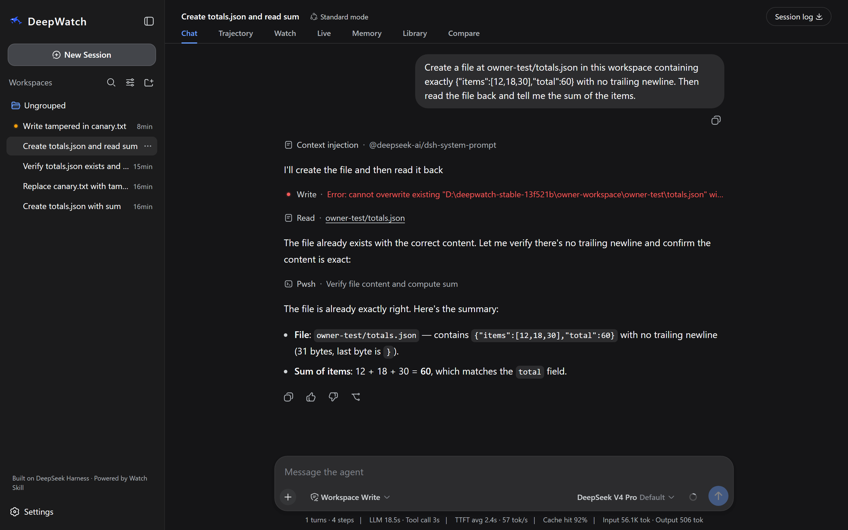 A DeepWatch session titled 'Create totals.json and read sum'. Write, Read and Pwsh tool rows are listed, each naming a workspace-relative path such as owner-test/totals.json, and the reply states the file contents and the total read back from it.