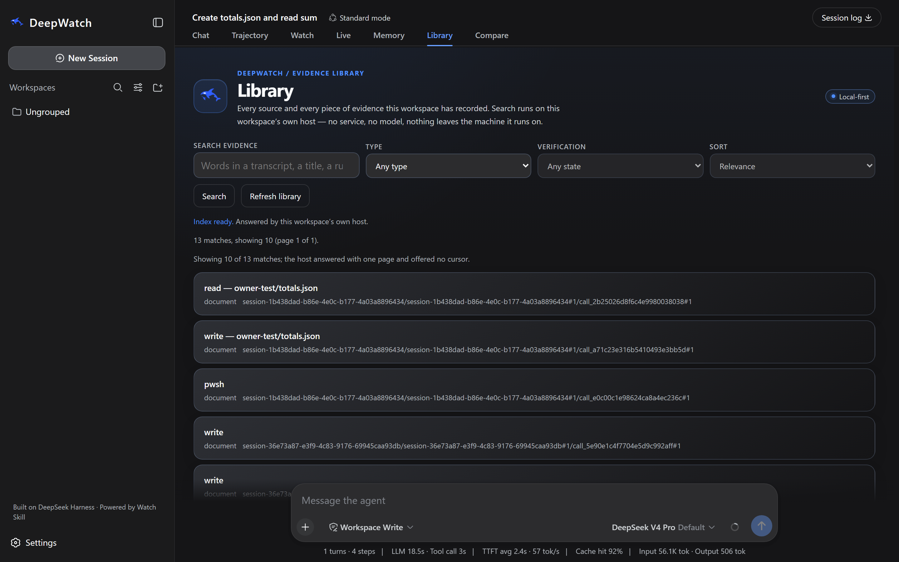 The Library screen showing thirteen matches, with rows for read and write on owner-test/totals.json and a pwsh call. A notice reads 'Index ready. Answered by this workspace's own host', and the page is marked Local-first.