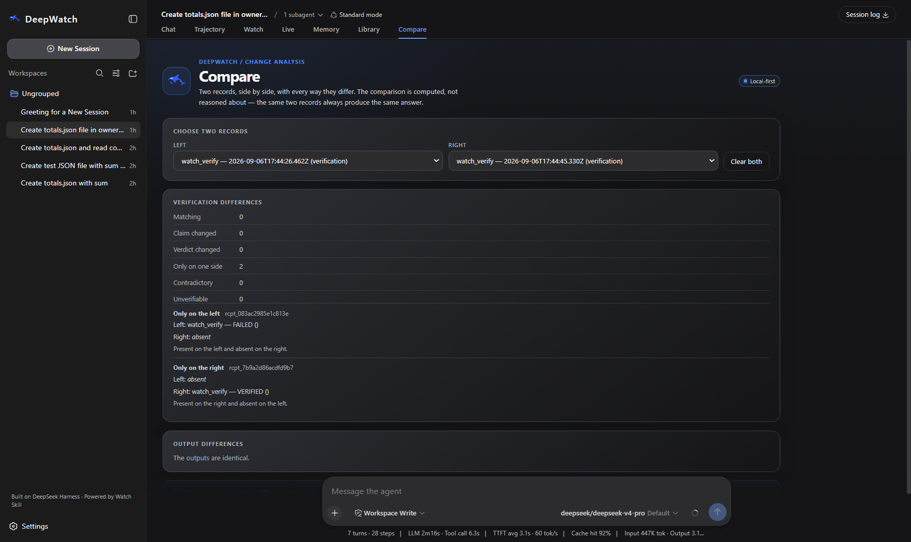 The Compare screen with two verification records selected. The left is a FAILED watch_verify and the right a VERIFIED one from the run that repaired the file; the difference table counts each as present on one side only.