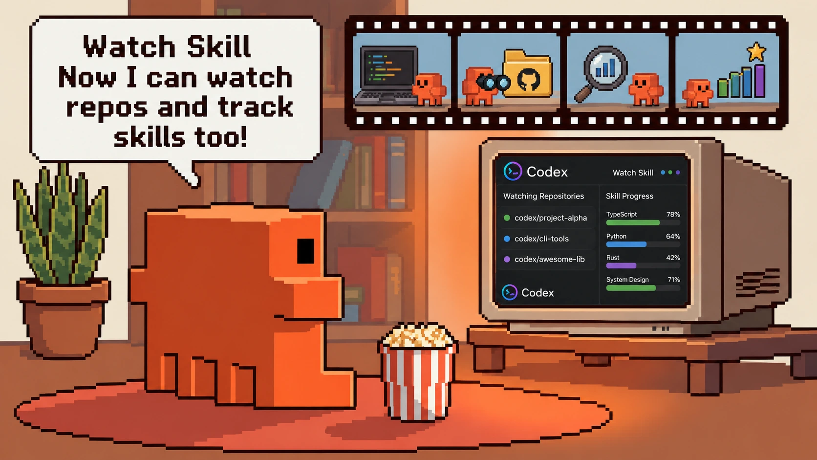 Watch Skill repository and skill tracking shown in a warm pixel-art workspace