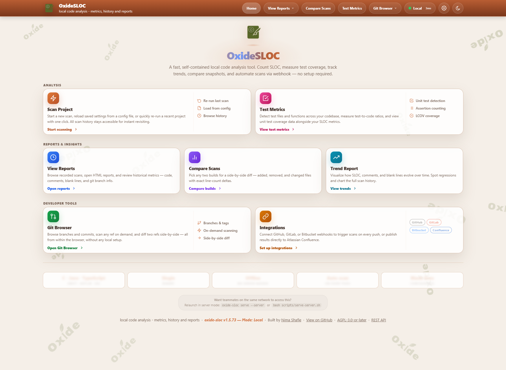 Home — navigation hub with quick-launch cards for every feature