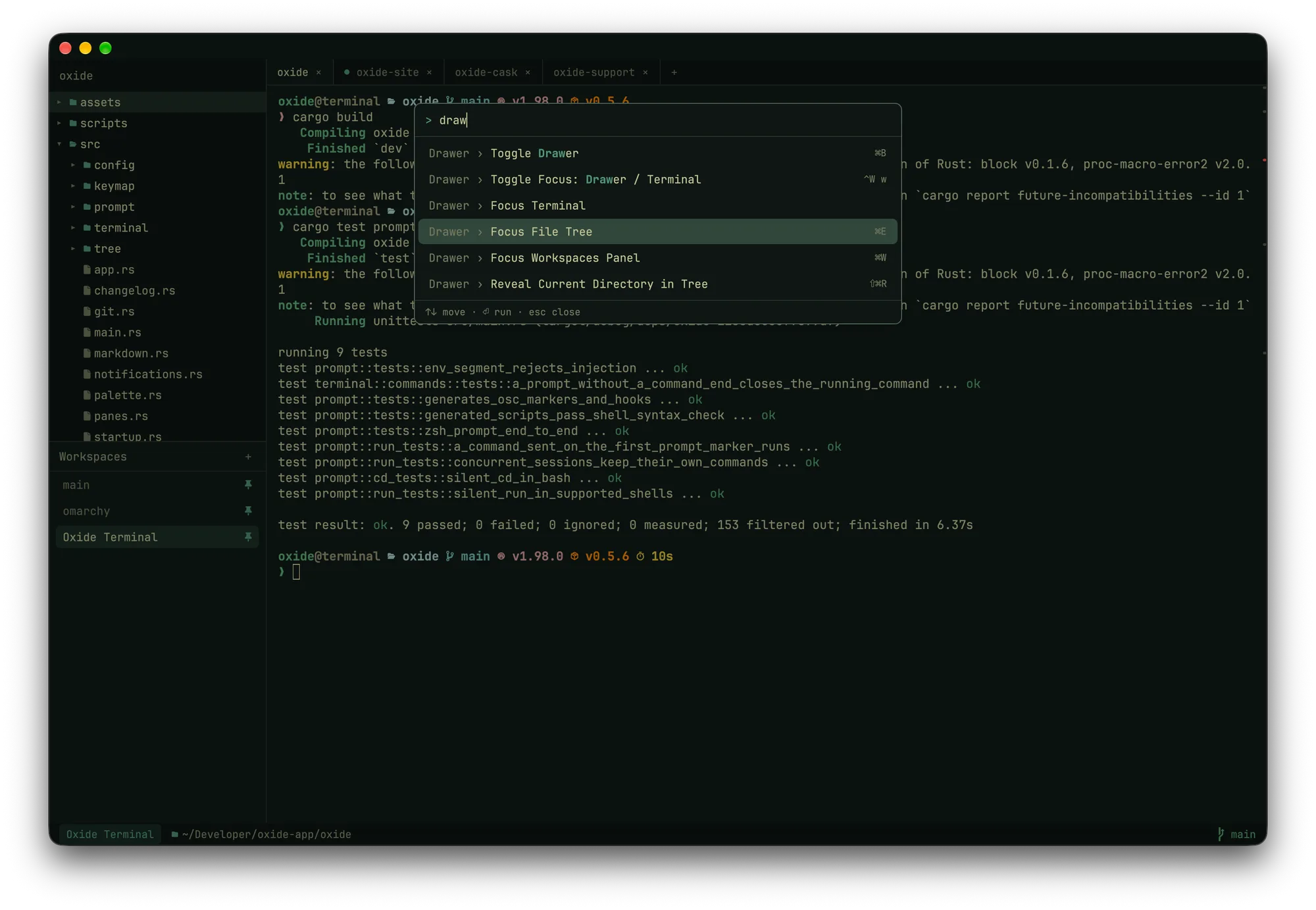 The command palette filtered to drawer actions, each listed with its key binding