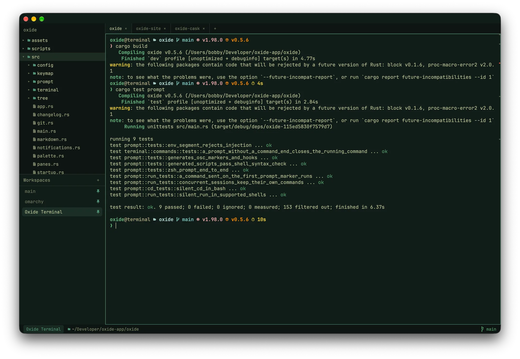 Oxide Terminal: the file tree drawer with its workspaces panel, tabs above a terminal running cargo build and cargo test, and a git-aware status bar