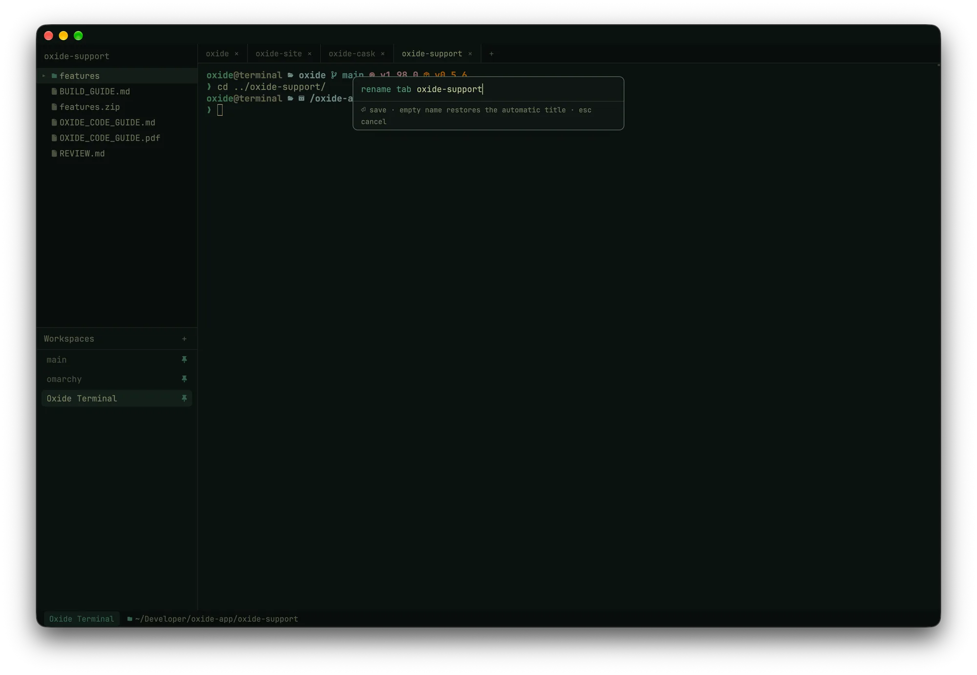 The rename tab prompt, with the tab bar and file tree behind it