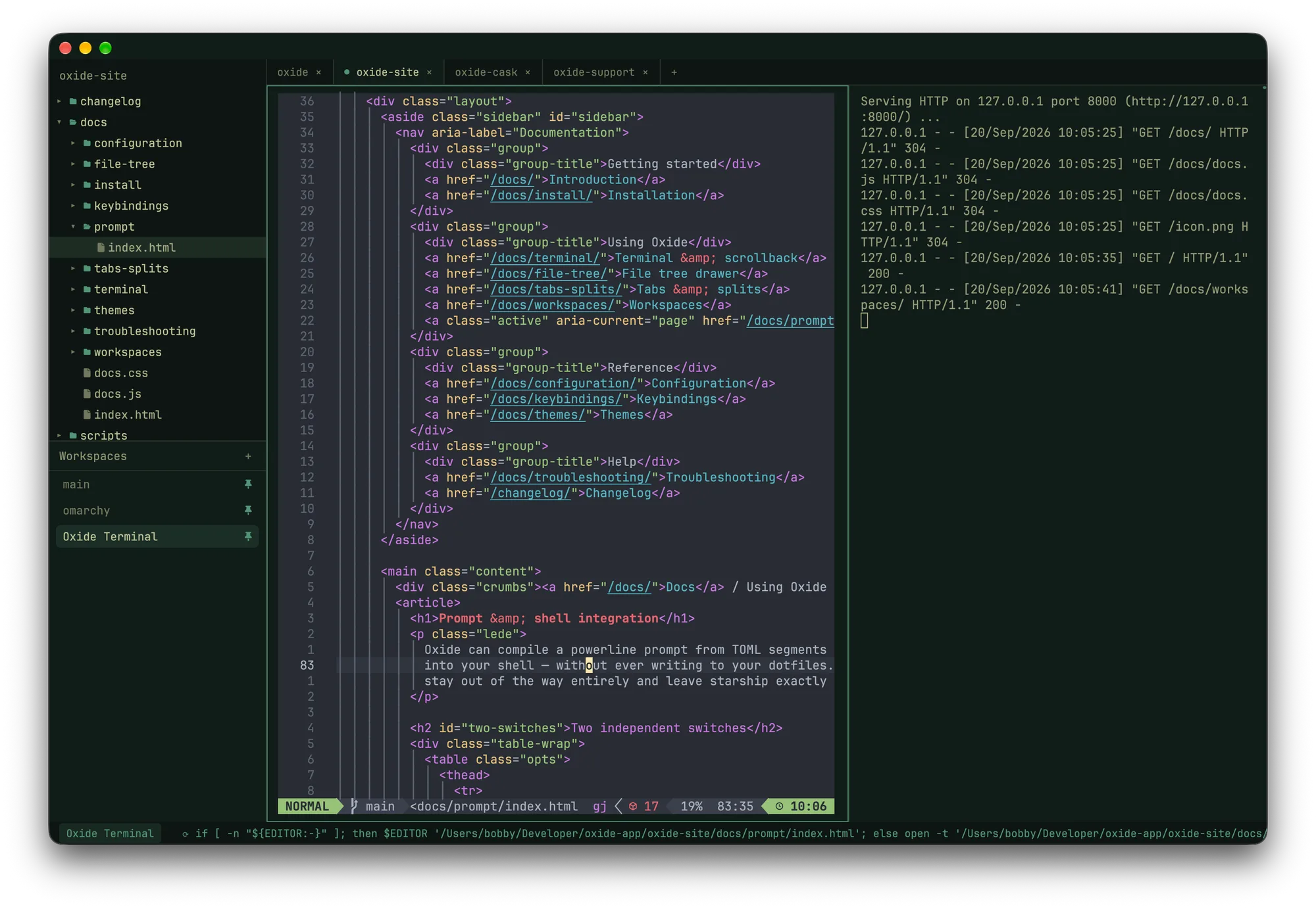 Two split panes: Neovim editing a file on the left, a local HTTP server logging requests on the right