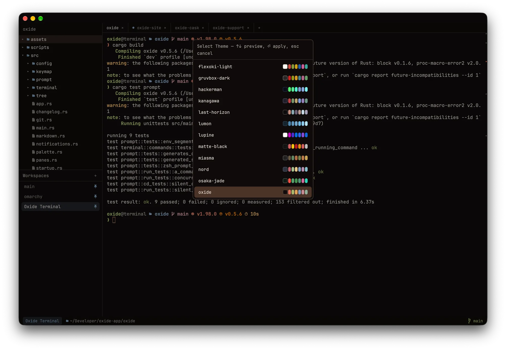 The theme picker listing presets with colour swatches, the window repainted in the selected oxide theme