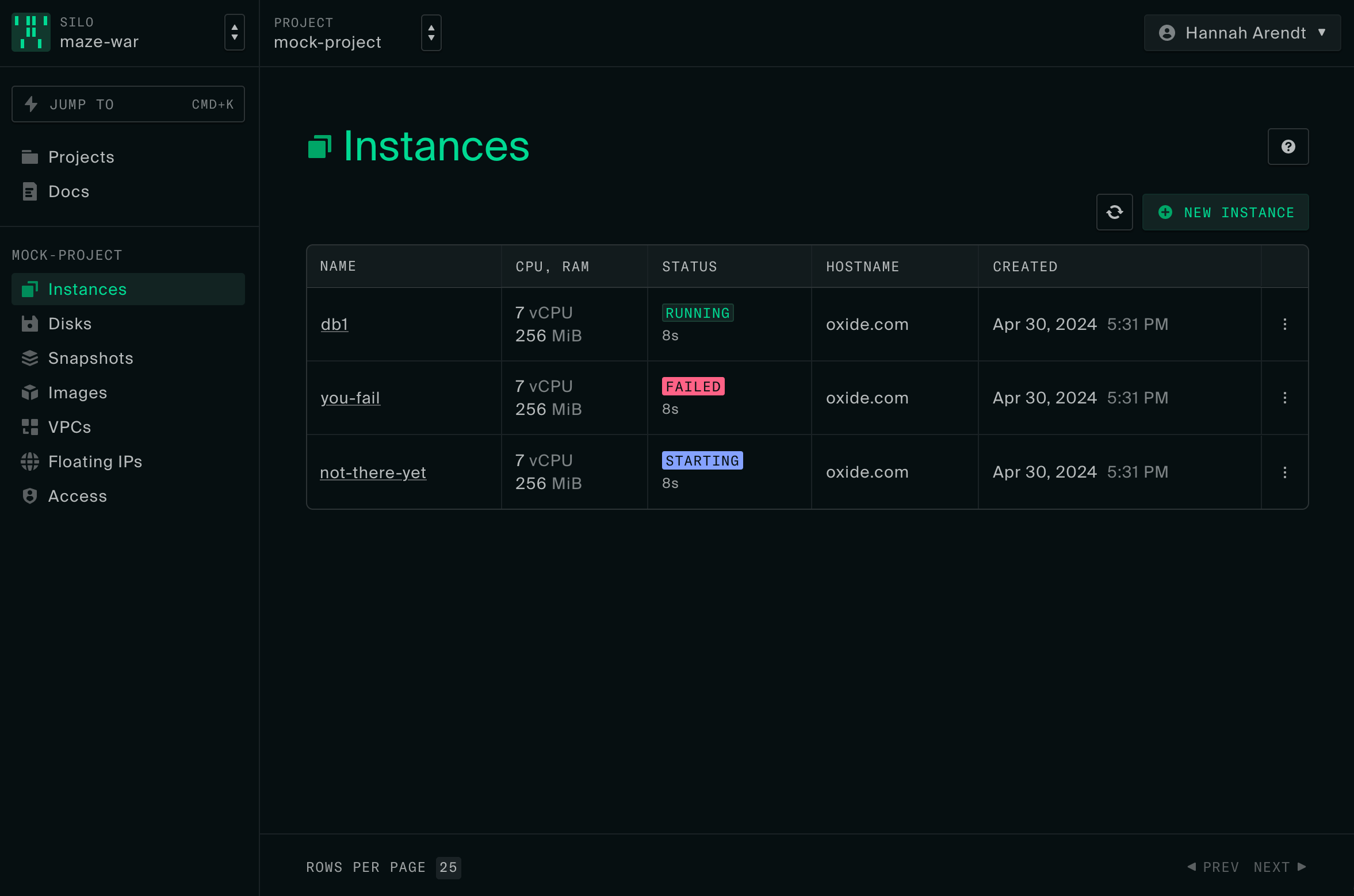 screenshot of instances list page