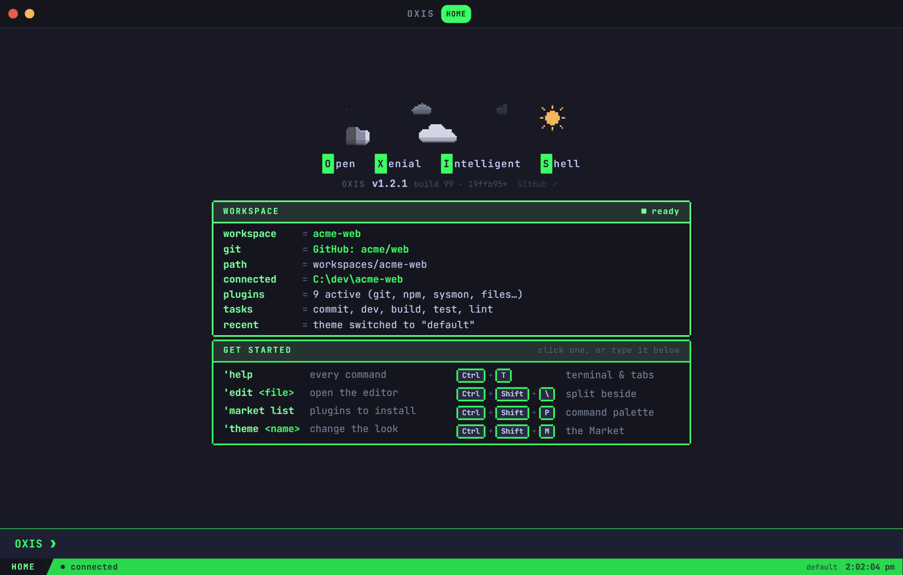 A real OXIS session: git, tests, a workflow, installing a plugin and switching theme