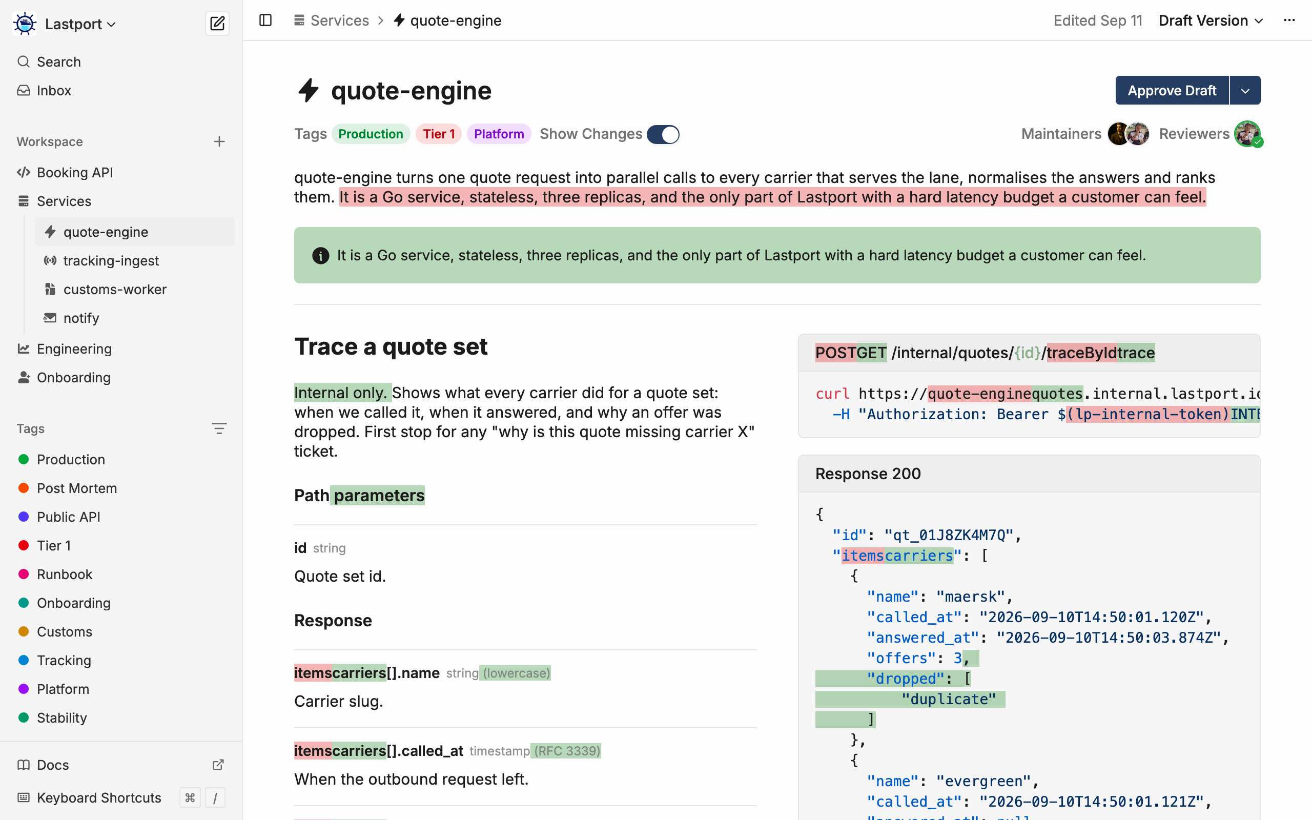 A draft of the quote-engine page under review in Oxynote with Show Changes on: removed text in red and added text in green across a paragraph, the endpoint title of a code block, parameter names and the JSON response. Maintainers, a reviewer and an Approve Draft button in the header.