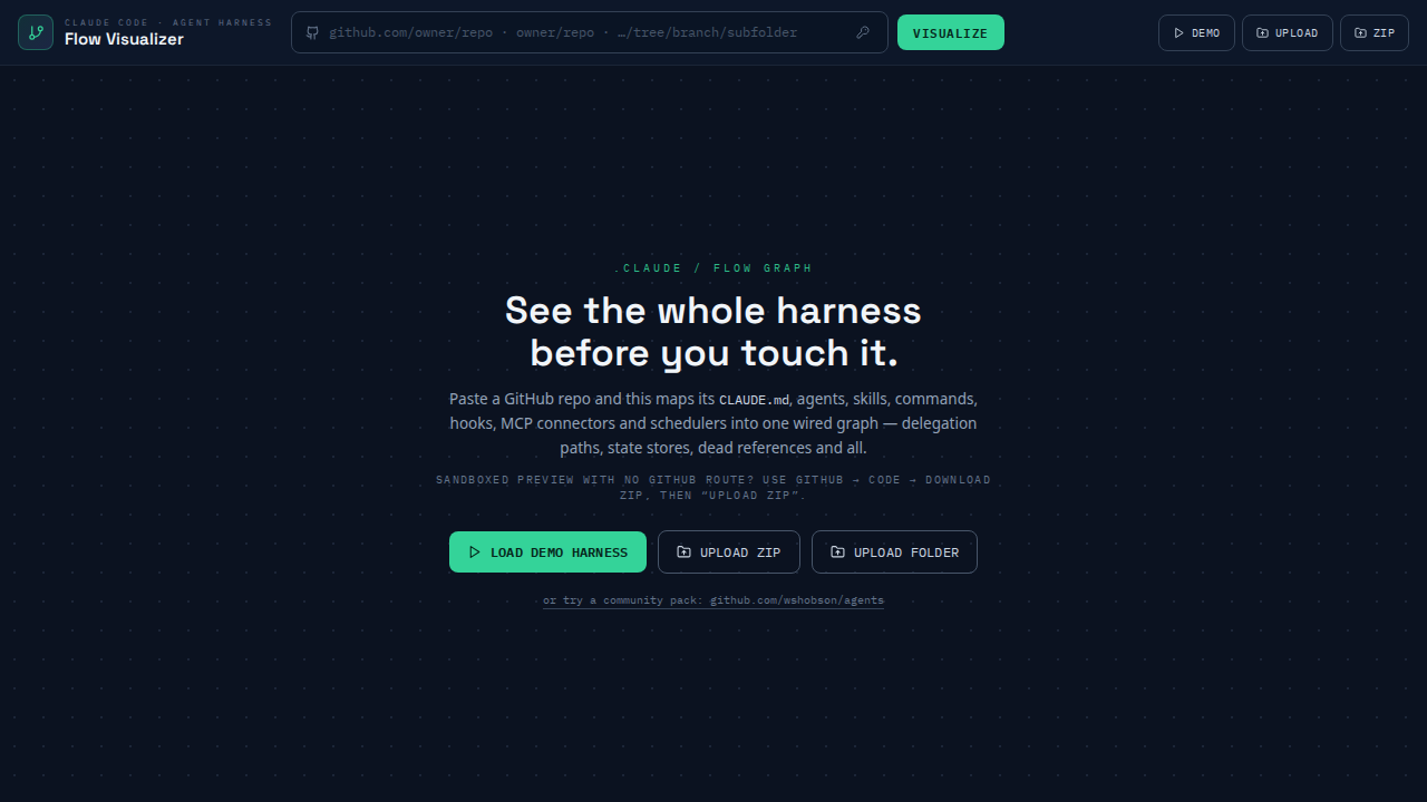 Start screen β import a Claude Code repo from GitHub, ZIP, or local folder