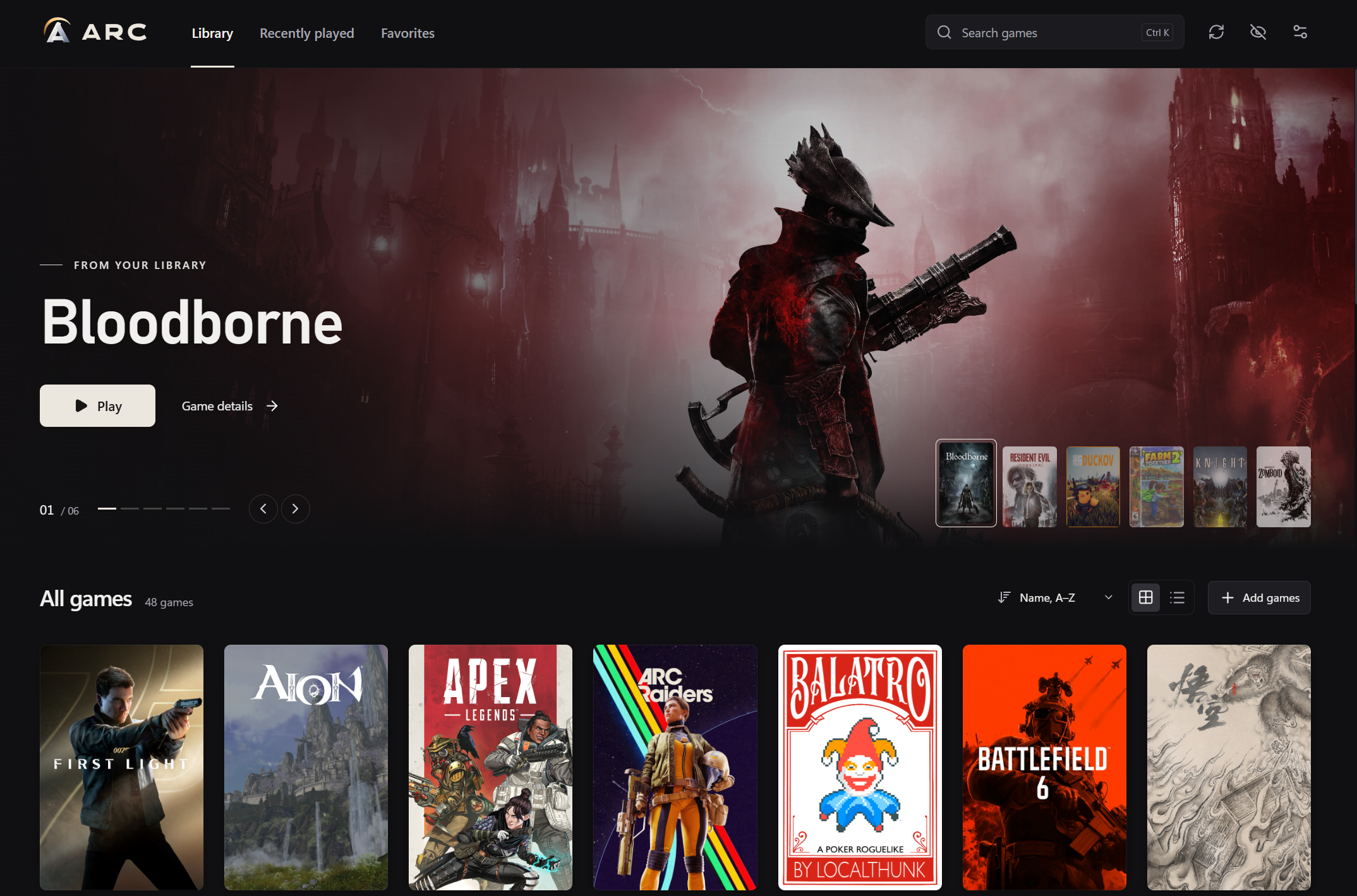 Arc on Windows — Bloodborne hero and installed game library