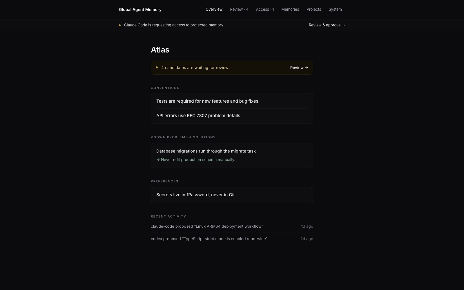Global Agent Memory dashboard overview showing the review queue, protected-memory access request, project conventions, solutions, preferences, and recent agent activity