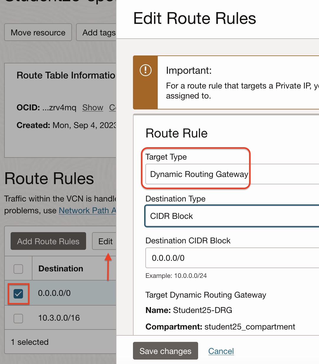 FortiGate Hub VCN Attachment Route Table Configuration