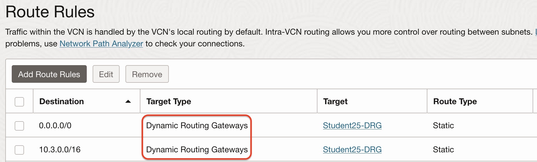 Spoke VCN Attachment Route Table Configuration