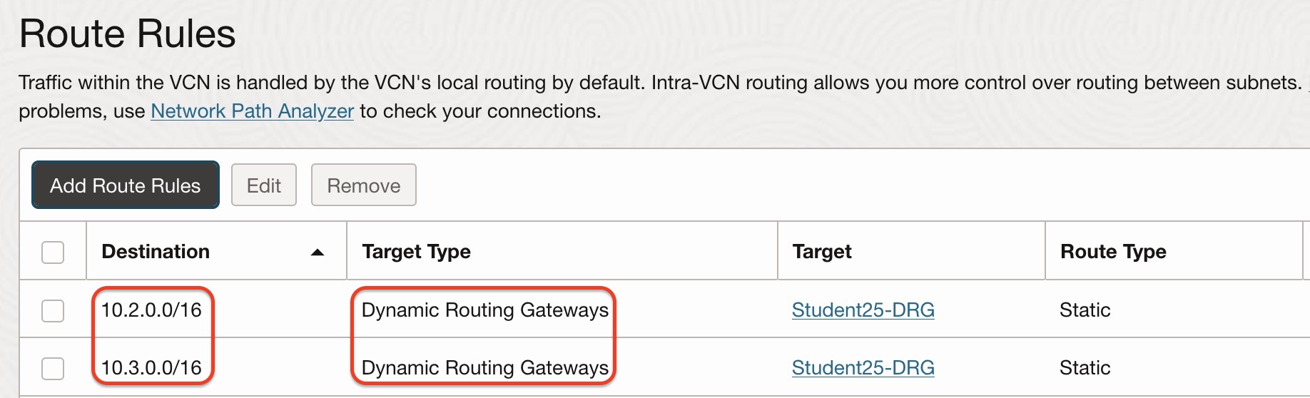 Verify VCN Attachment Route Table Configuration