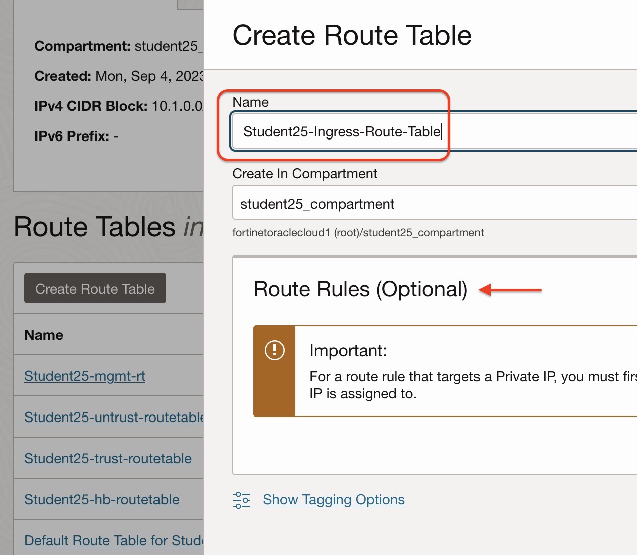 Create Hub VCN Ingress Route Table