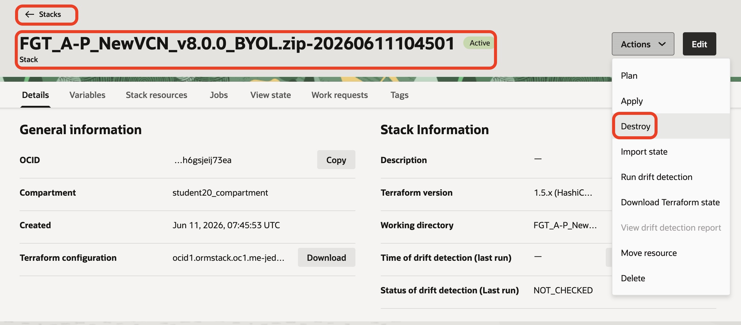 Destroy OCI Resource Manager Stack