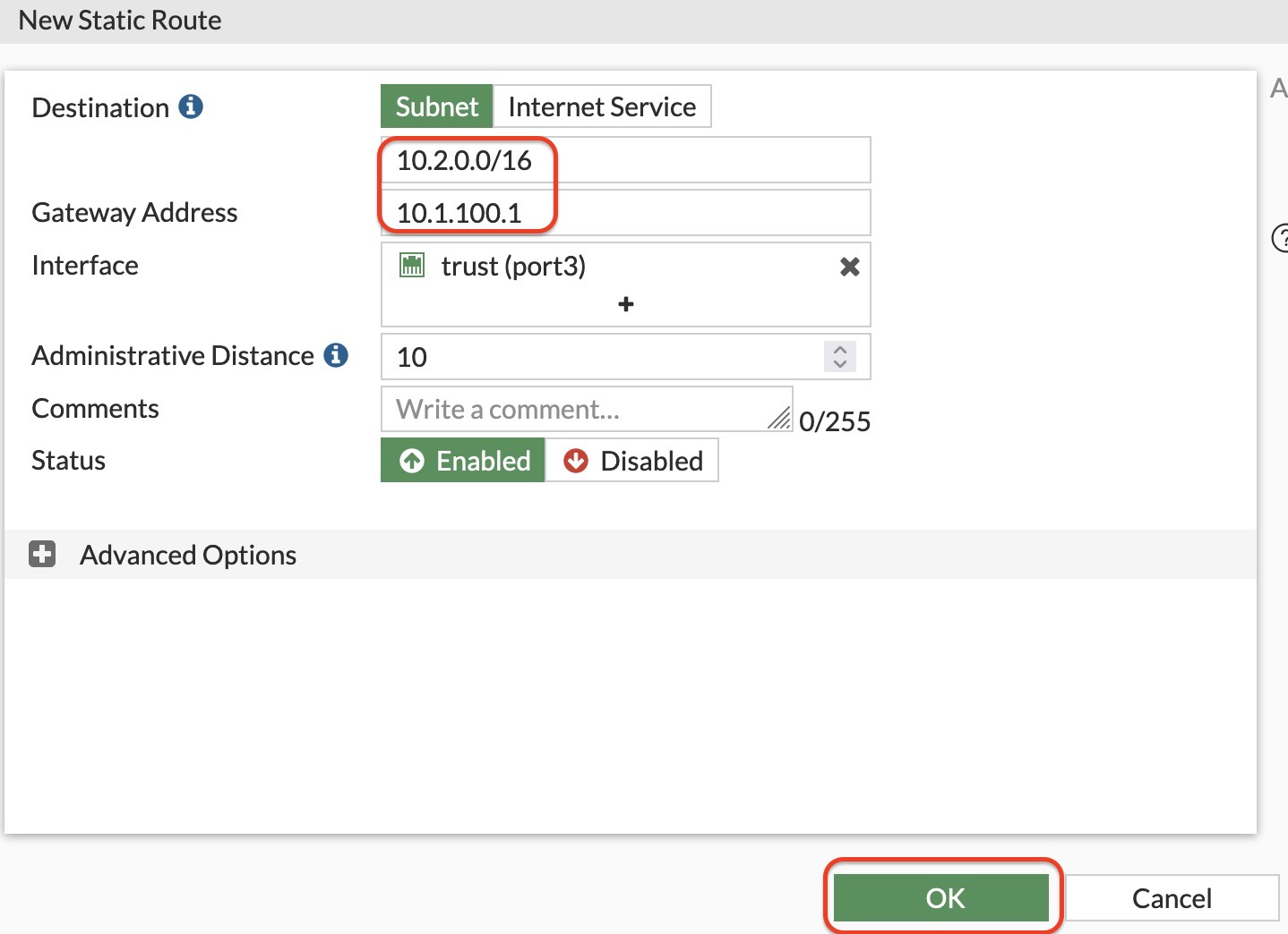Create FortiGate static route