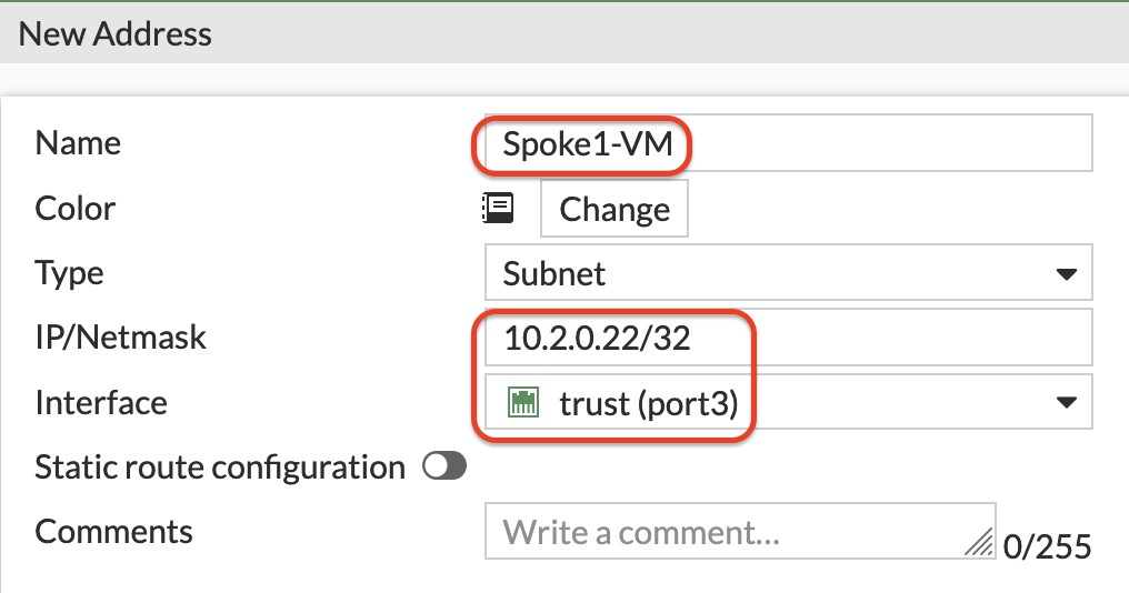 Create address object for Spoke1 VM
