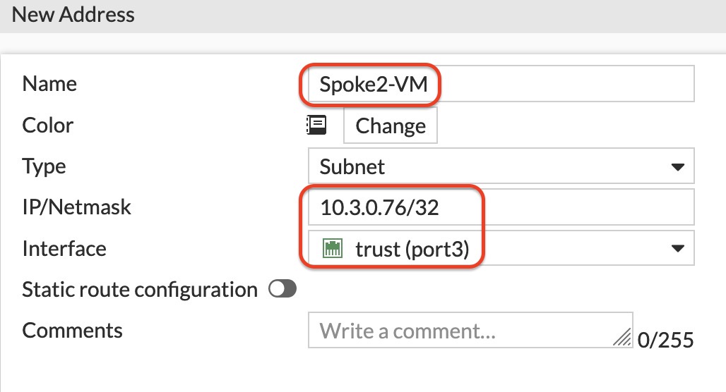 Create address object for Spoke2 VM