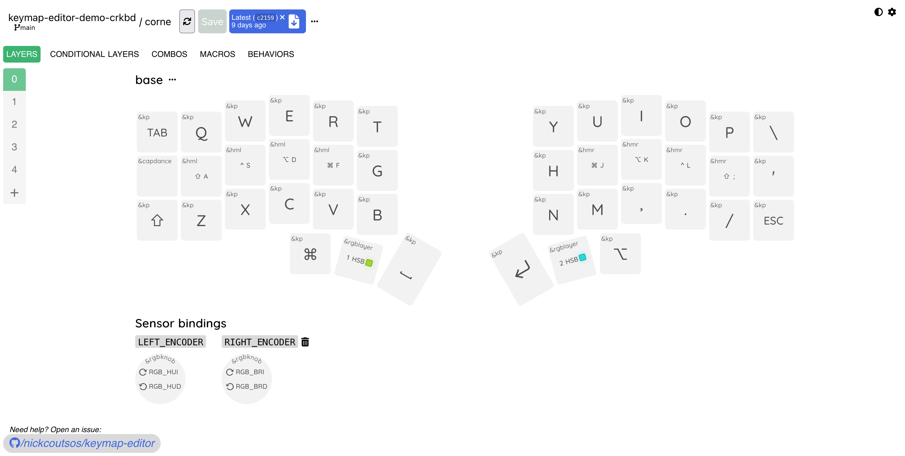 Shows a screenshot of the Keymap Editor application featuring a graphical layout of the Corne Keyboard with a keymap loaded from the nickcoutsos/keymap-editor-demo-crkbd GitHub repository.