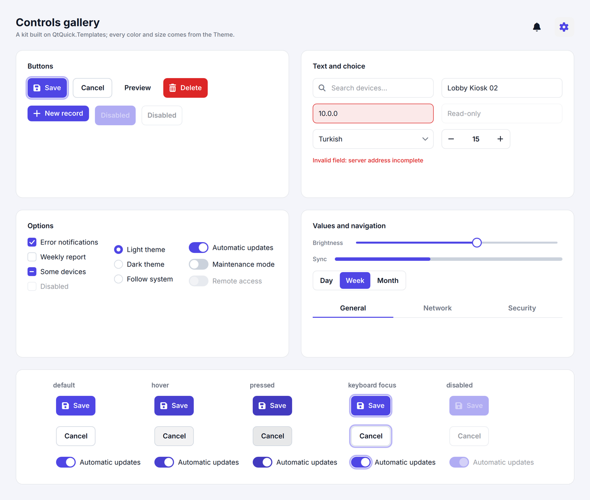 Control gallery with default, hover, pressed, keyboard-focus and disabled states