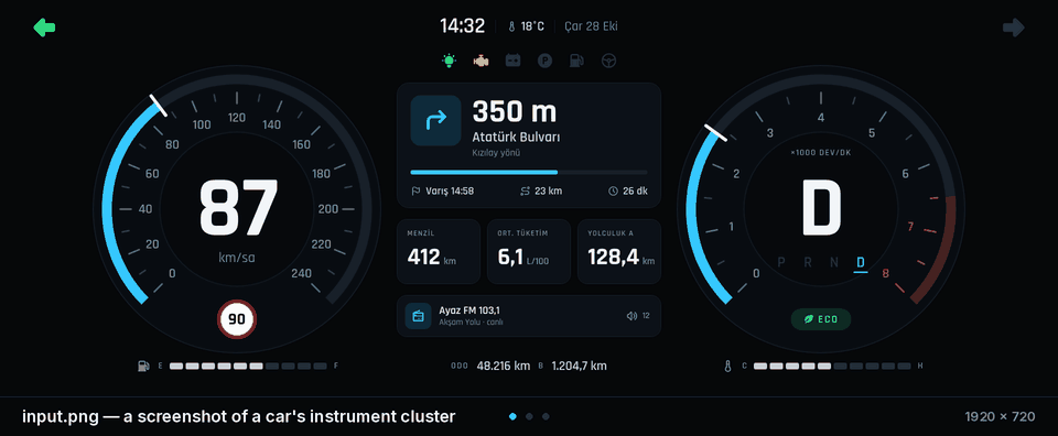 A car instrument cluster screenshot wipes into the rebuilt Qt Quick app, whose dials then move live