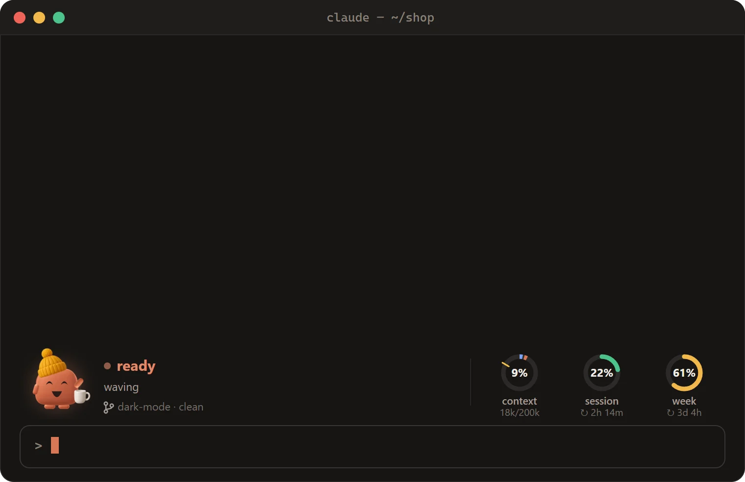 A Claude Code chat: you ask for a dark mode toggle, and Mochi, in a beanie with a coffee, thinks, reads, searches, edits, runs the tests, looks dizzy when two fail, edits again, celebrates when 48 pass and ends proud with the turn's time, tools and edits, while the rings for context, session and week fill