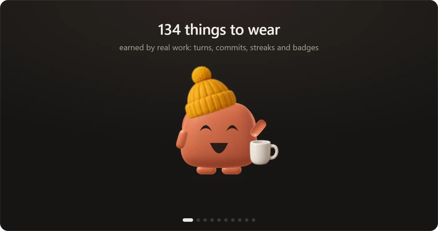 Mochi trying on outfits one after another: a beanie with coffee, a crown with a monocle and a cat, a wizard hat and scarf, a party hat with a medal and balloon, a cowboy hat with a mustache, a graduation cap with glasses, a pirate hat with sunglasses and a duck, a hard hat with a wrench, a chef's hat with a bow tie and cake, and a night cap beside a cactus