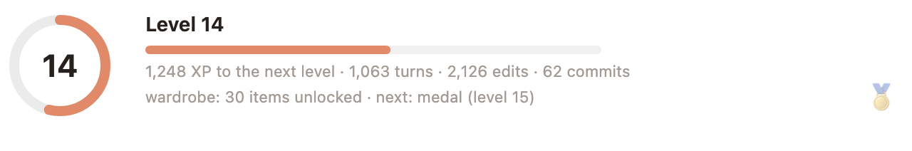 Mochi's level: a ring of experience, the experience to the next level and the next item to unlock
