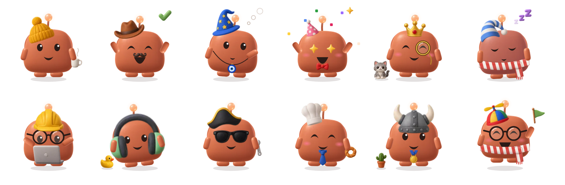 Twelve Mochis in different outfits: a beanie with coffee, a cowboy with a mustache, a wizard, a party hat, a crown with a monocle and a cat, a night cap with a scarf, and more
