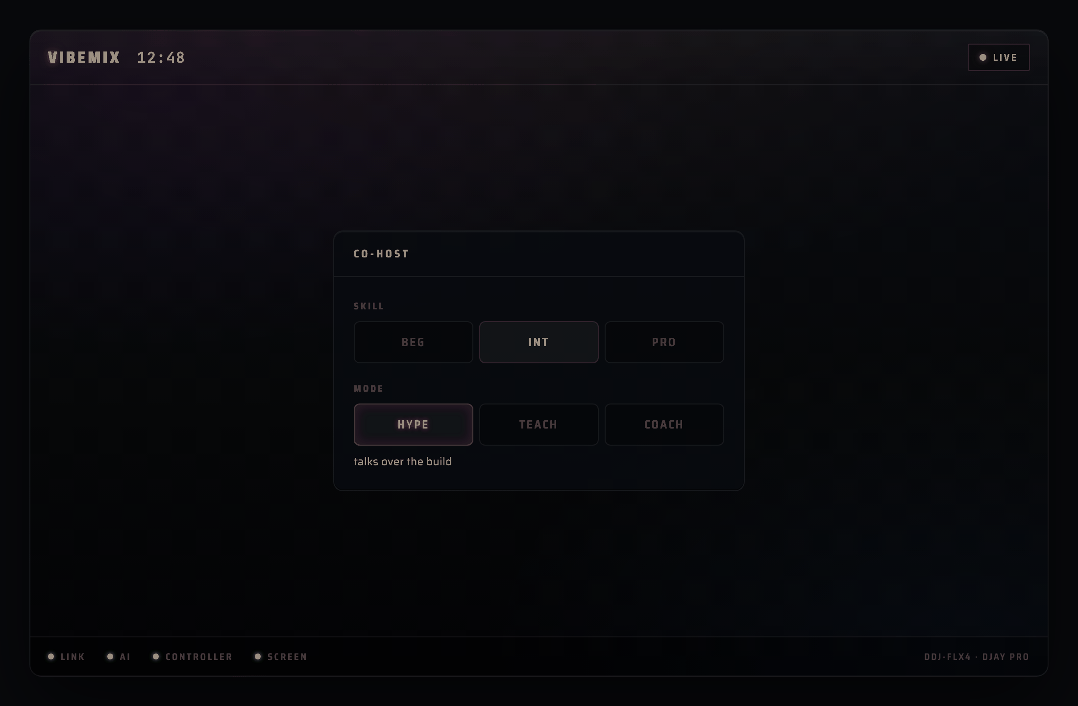 skill level and hype/coach mode picker