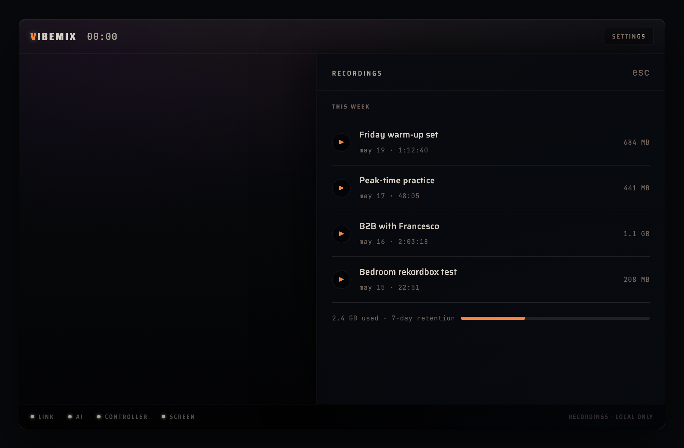 recording browser in the settings drawer
