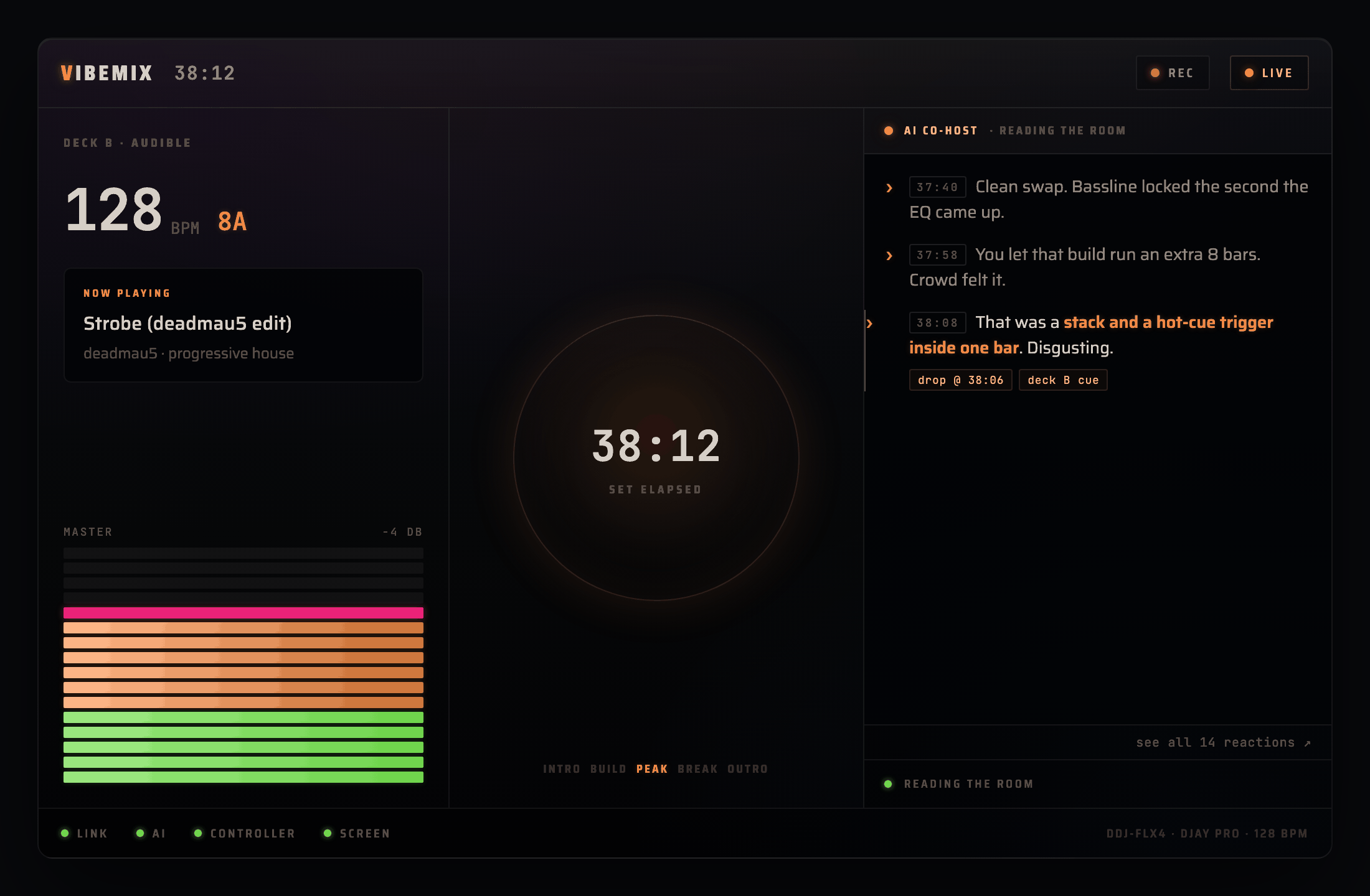 vibemix live session: deck readout, polychrome master meter, set clock, and the AI co-host reacting in real time