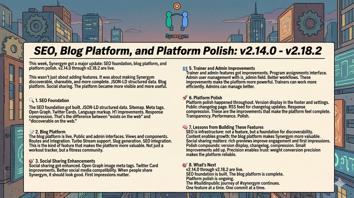 SEO, Blog Platform, and Platform Polish: v2.14.0 - v2.18.2