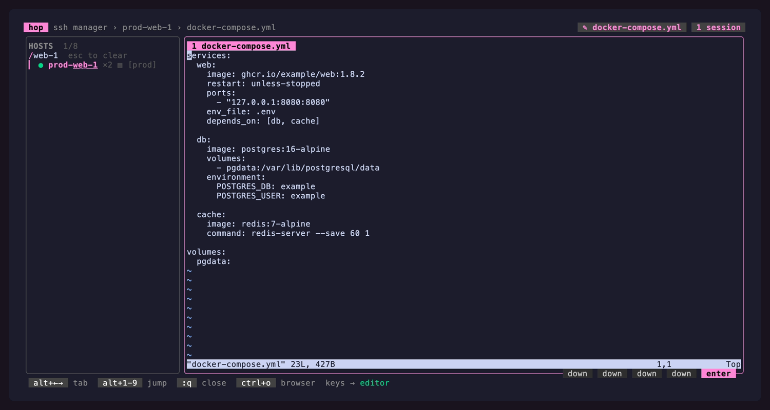 A file open in a remote editor tab inside hop