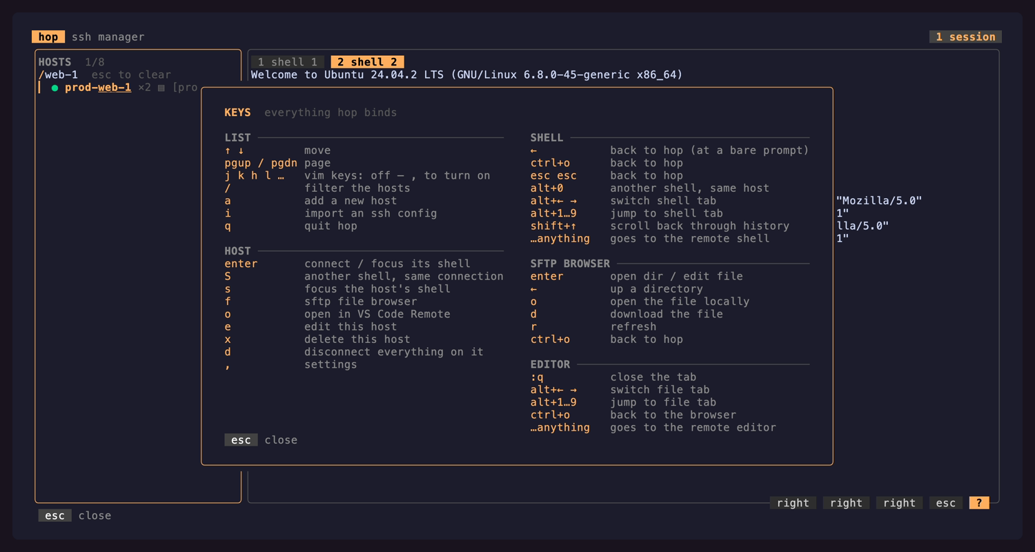 The keys card listing every binding