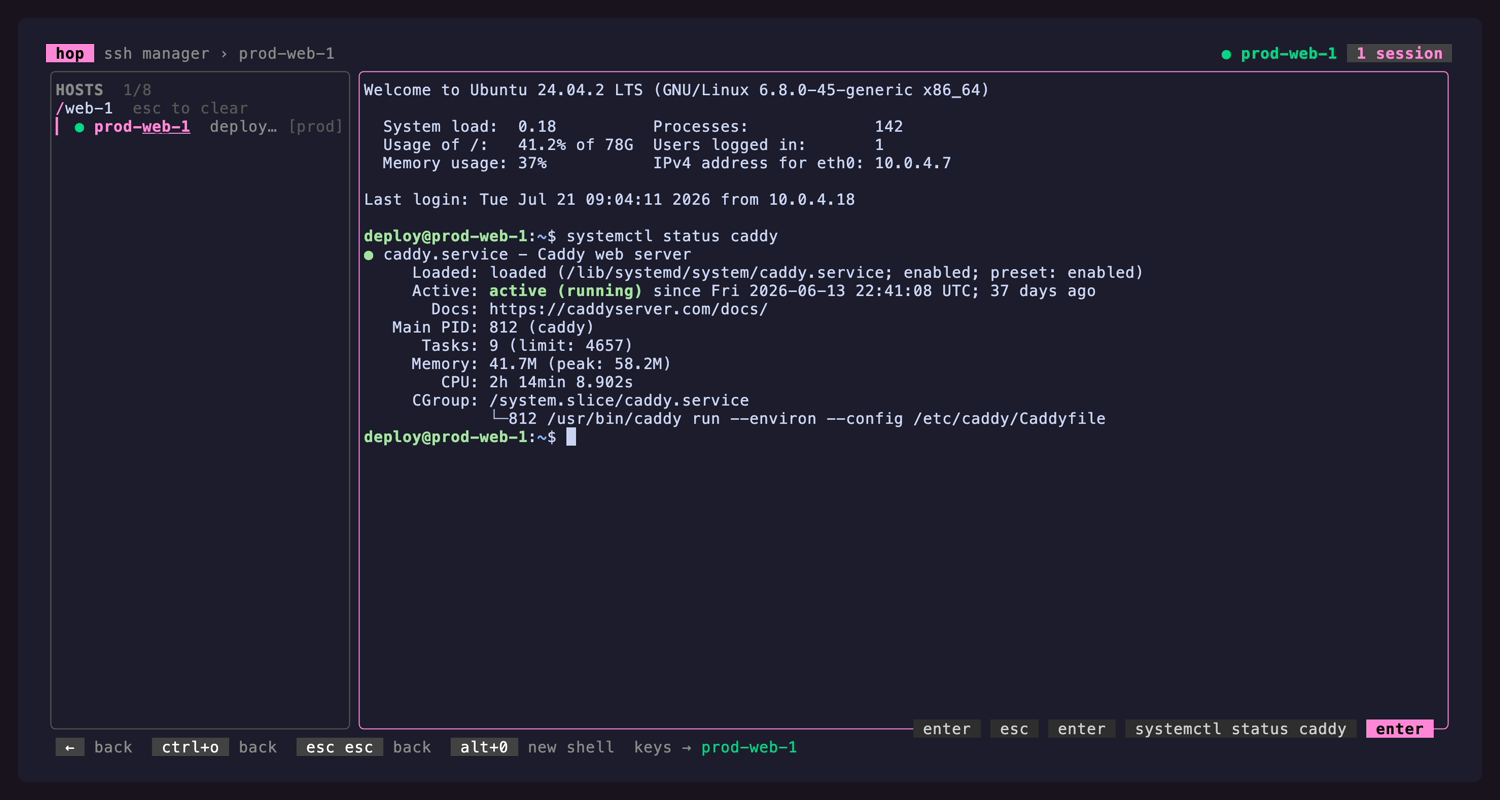 A live remote shell in a hop pane