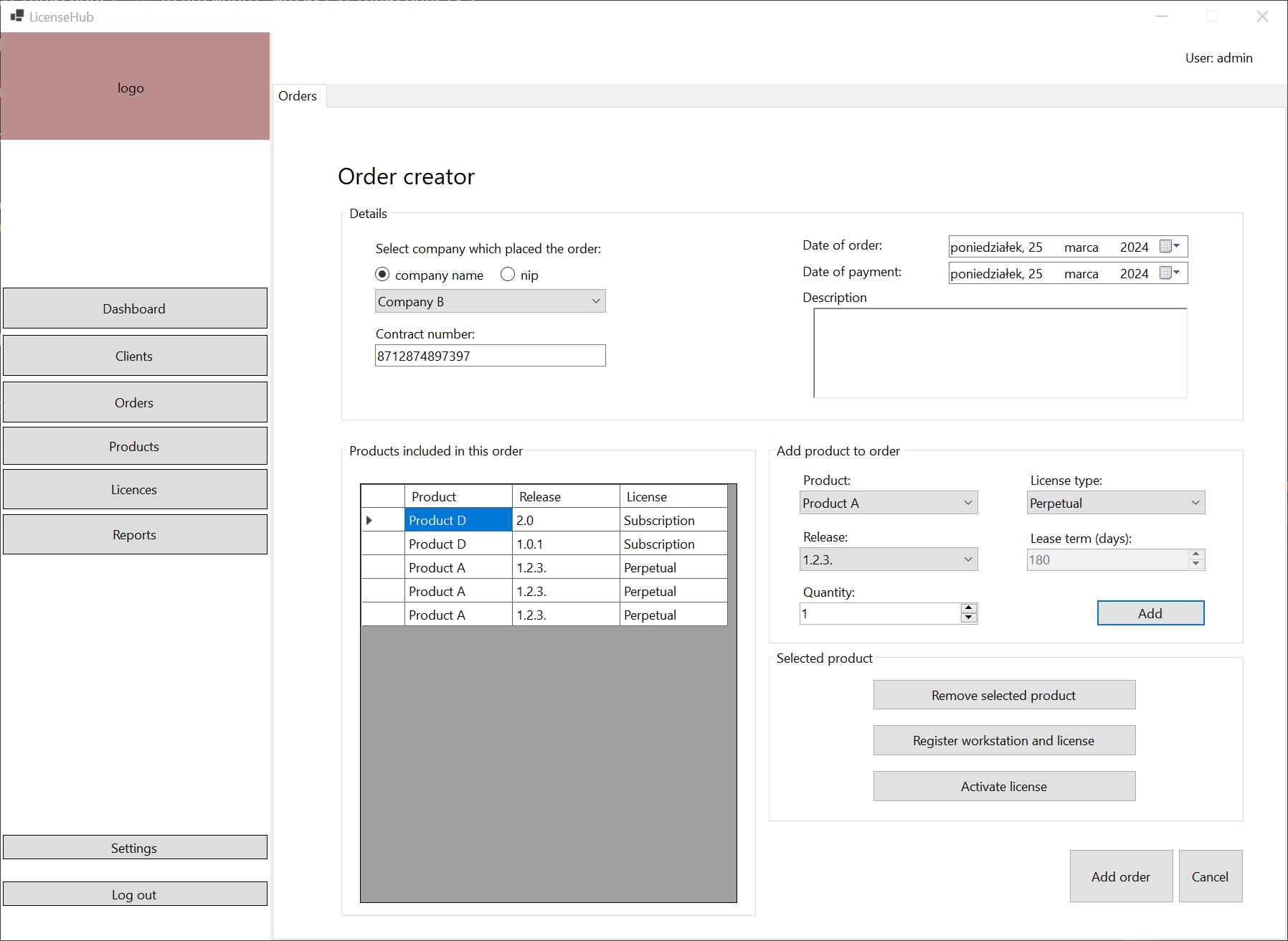 Order creator view