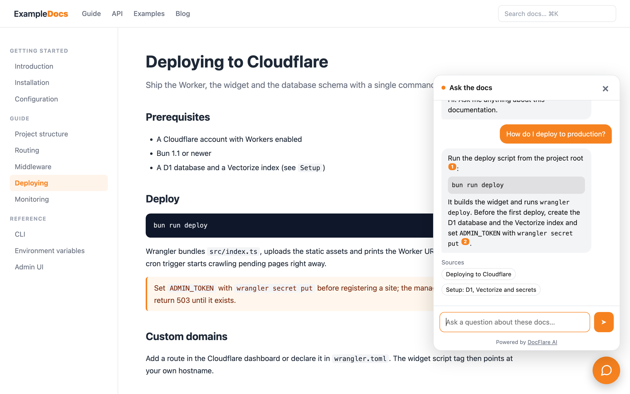 DocFlare AI chat widget streaming an answer with sources