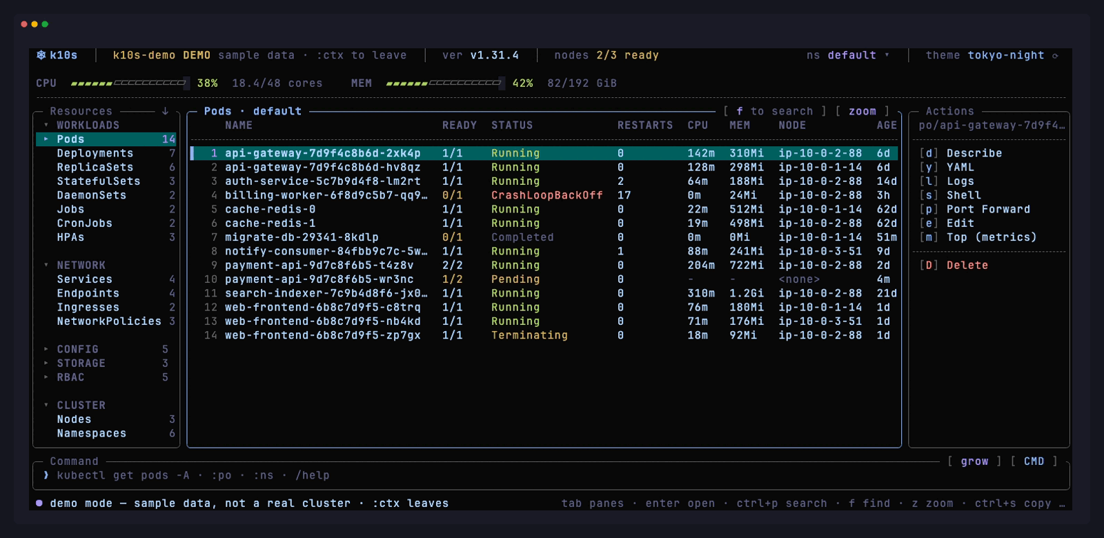 k10s running in a terminal: resource sidebar, pod table with live status, and an action pane for the selected pod