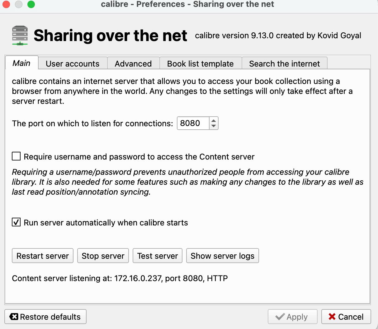 Starting the Calibre Content Server