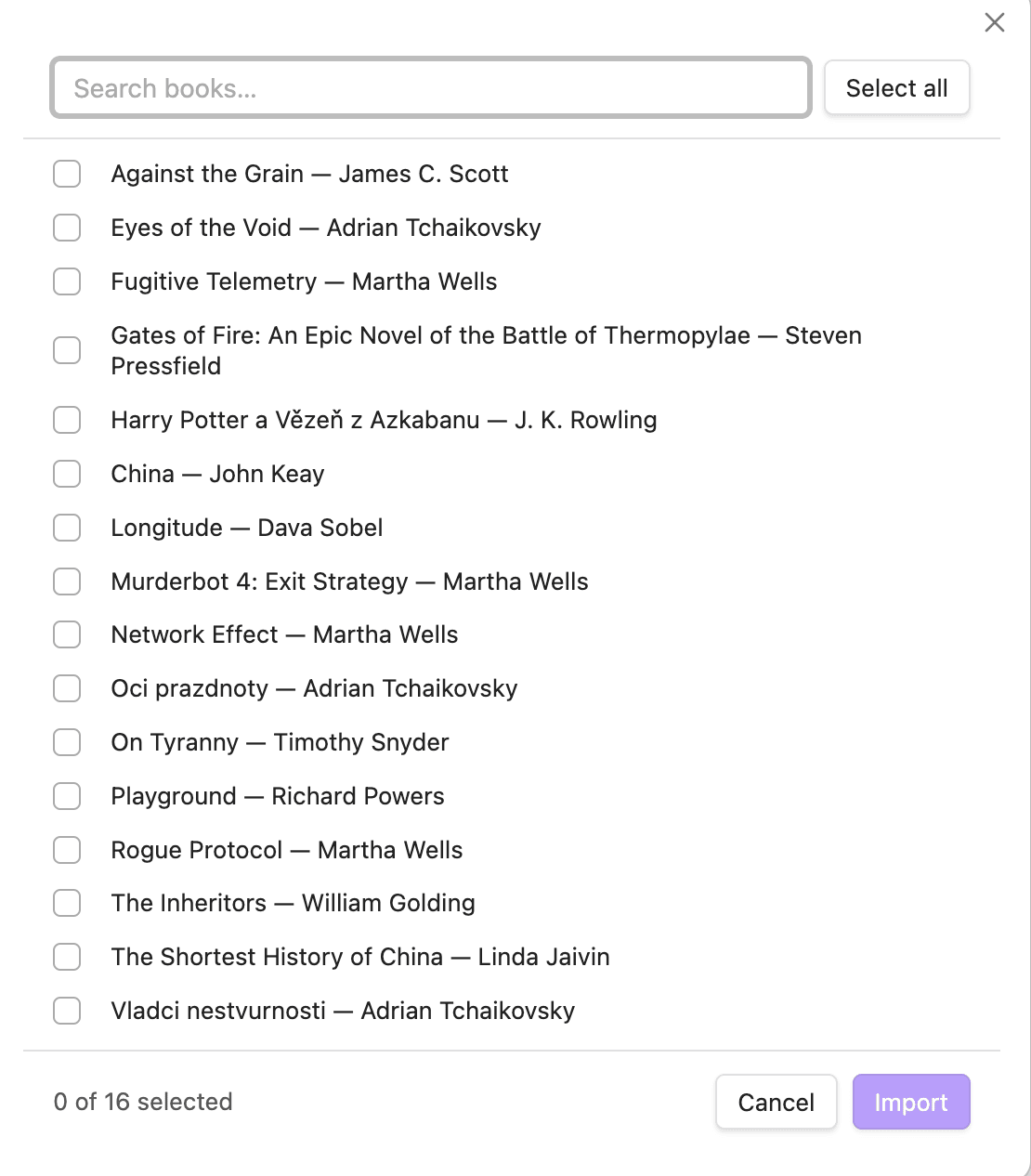 Import modal with book search