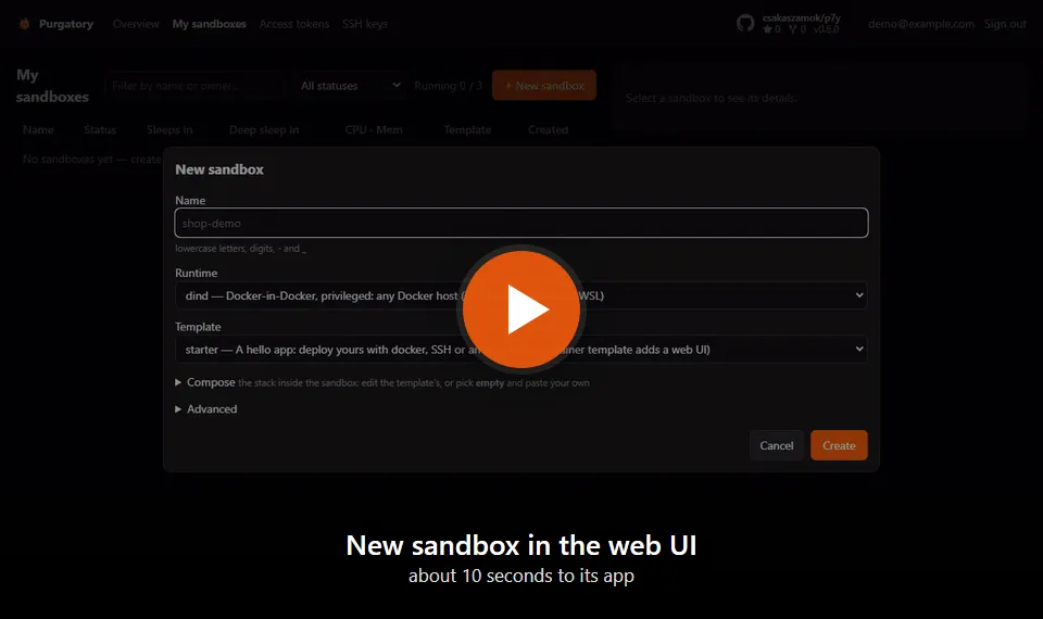 Creating a sandbox and opening its app, in real time: about 10 seconds