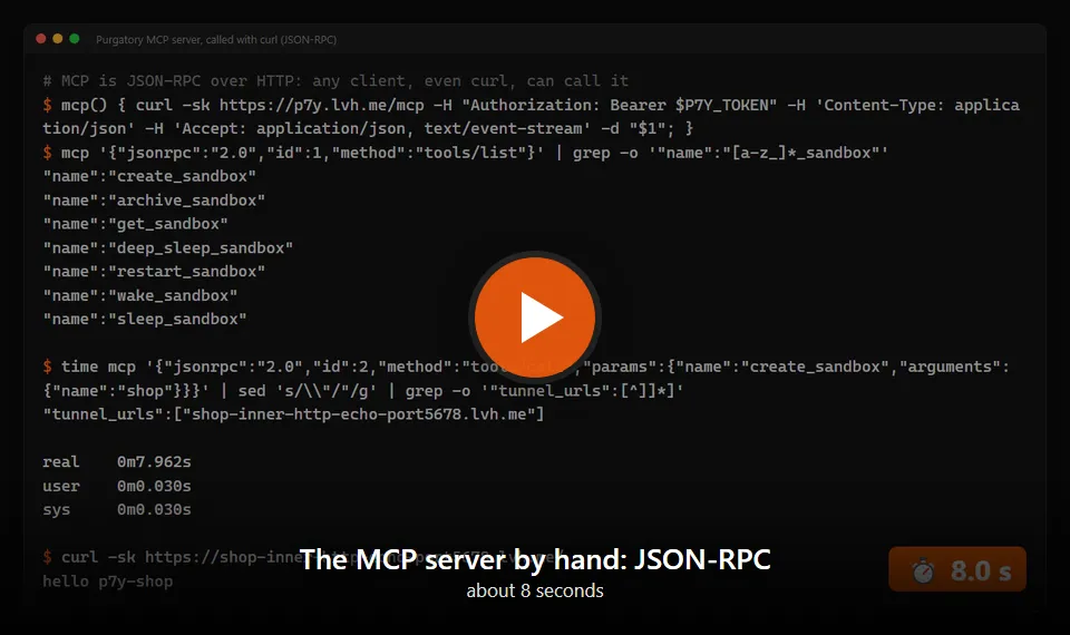 The MCP server called with curl: tools/list, then create_sandbox, in real time