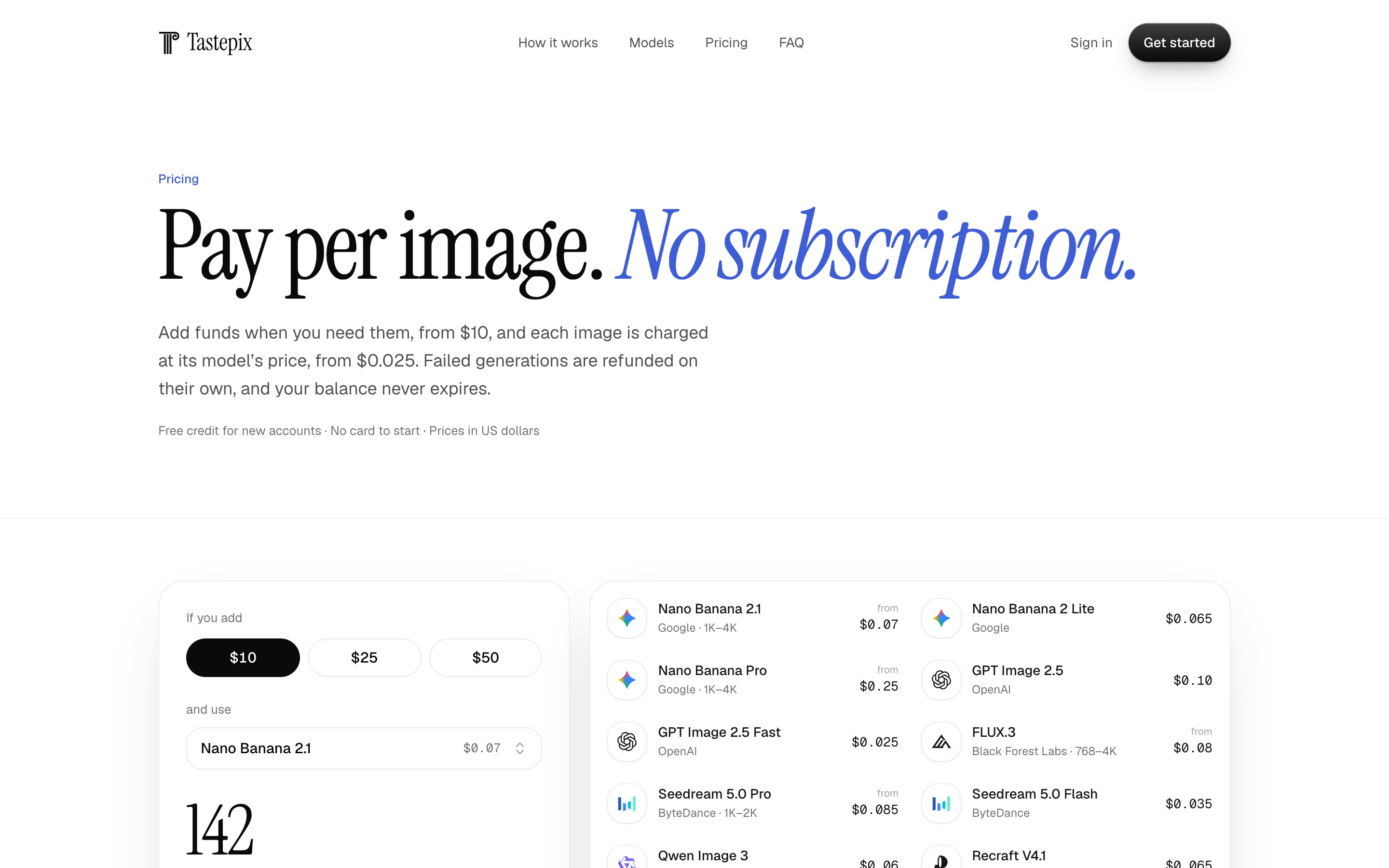 Tastepix pricing page with per-model prices