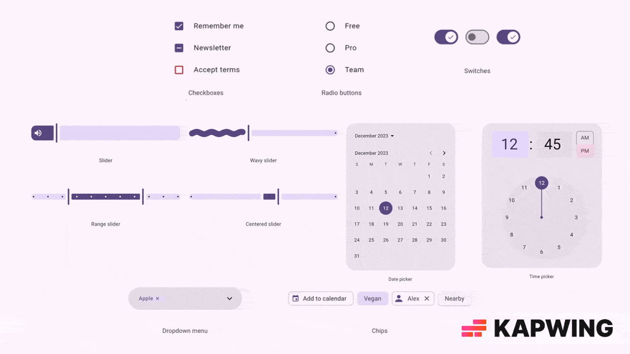 Selection — segmented controls, chips, menus, and sliders