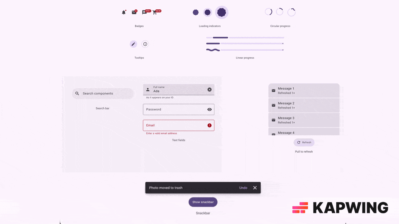 Feedback — progress, badges, text fields, and snackbars